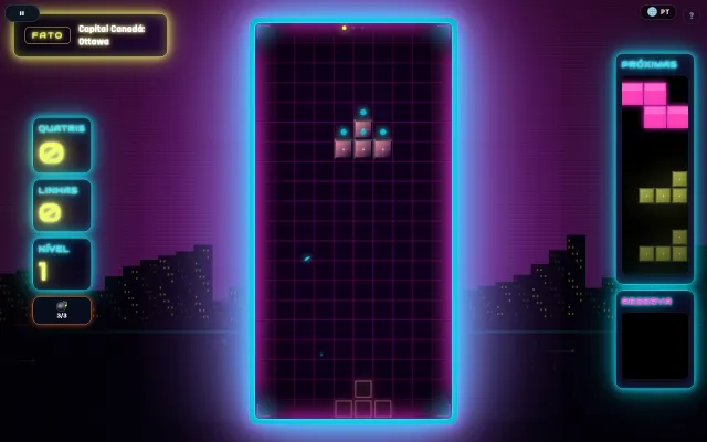 Partida de Quatris: peças neon caindo no poço